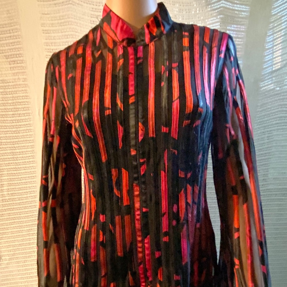 JS Collections Full-Zip Sheer Striped Top